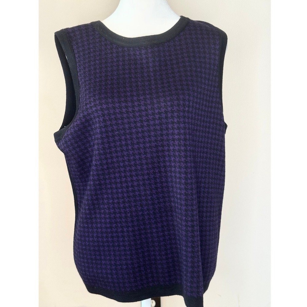 St. John Purple Black Houndstooth Wool Blend Knit Sweater Vest Women Large
